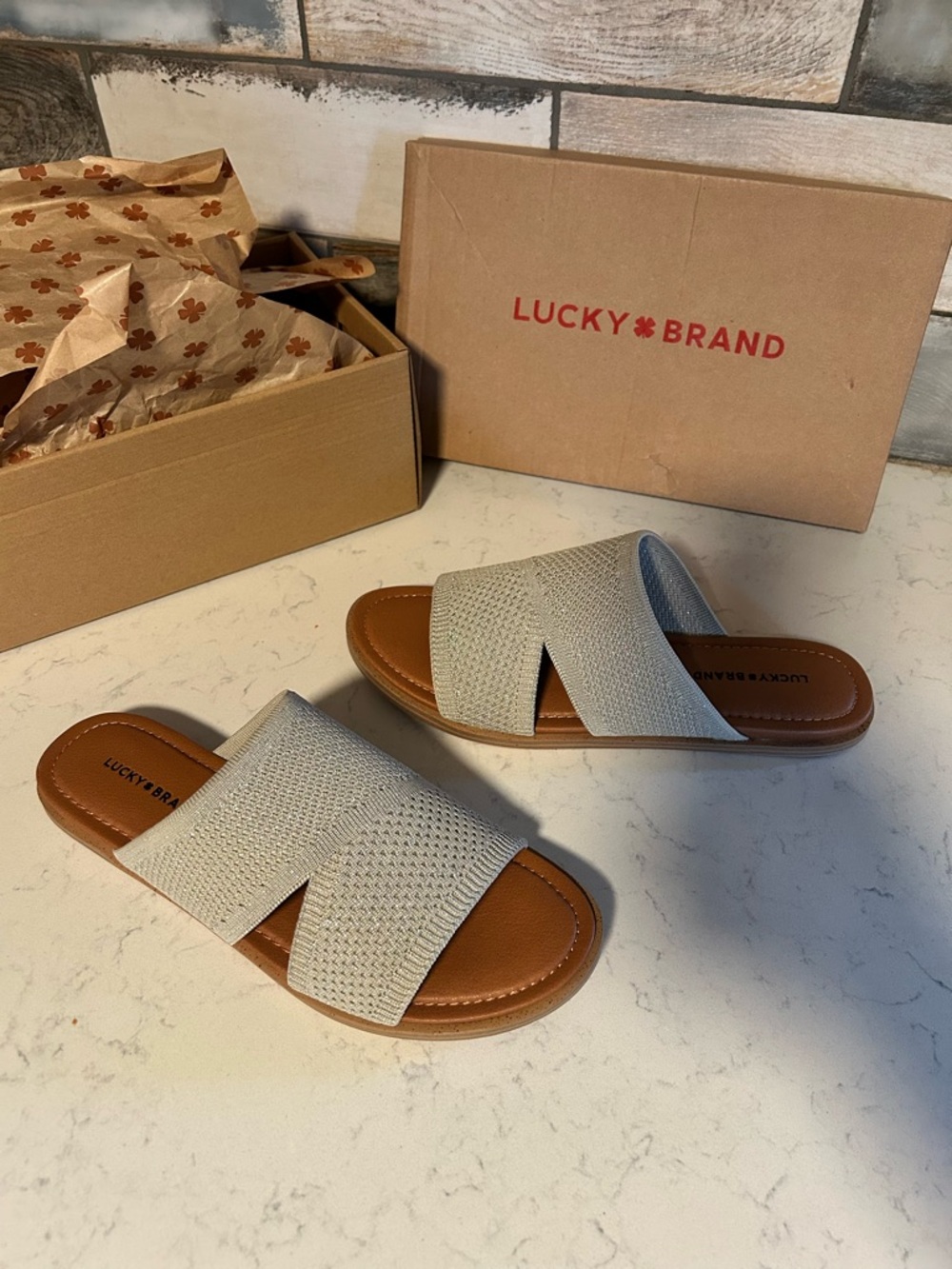 Lucky Brand Women's Beige Knit Slide Sandals